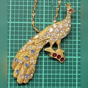 Gold Peacock Brooch with Colorful Stones